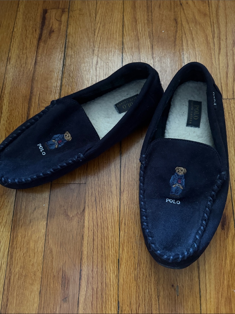 Polo by Ralph Lauren Black Suede Bear Embroidered Slip-On Loafers